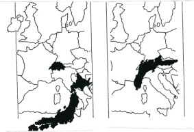 ヨーロッパの経度に移動させた日本（左）とアルプス山脈に重ねた本州（右）の画像
