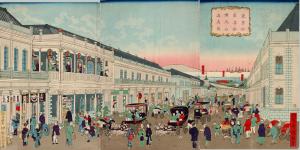Realistic illustration of the Main Street of Brick Masonry in Ginza, Tokyo (Tokyo Ginza Yōro Renga Ishi-zukuri Shinzu)