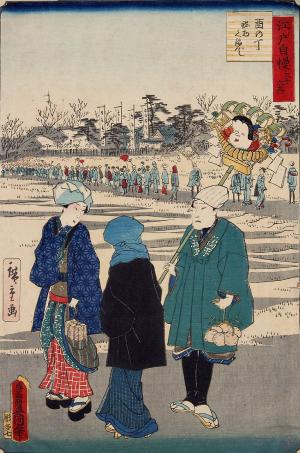 Thirty-six Views of the Pride of Edo-Tori no ichi, a fair held on the day of Rooster, a Famous Rake (Edo Jiman Sanjūrokkyō Tori no Chō Meibutsu Kumade)